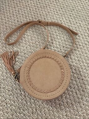 Tan Braided Round Crossbody Bag with Tassel Accent